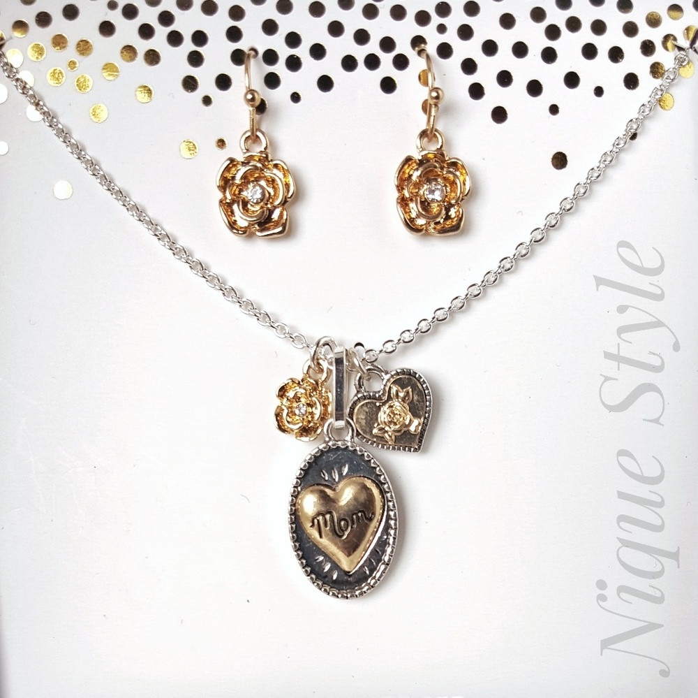 Mom Charm Necklace Earring Set - Mothers Day Gift